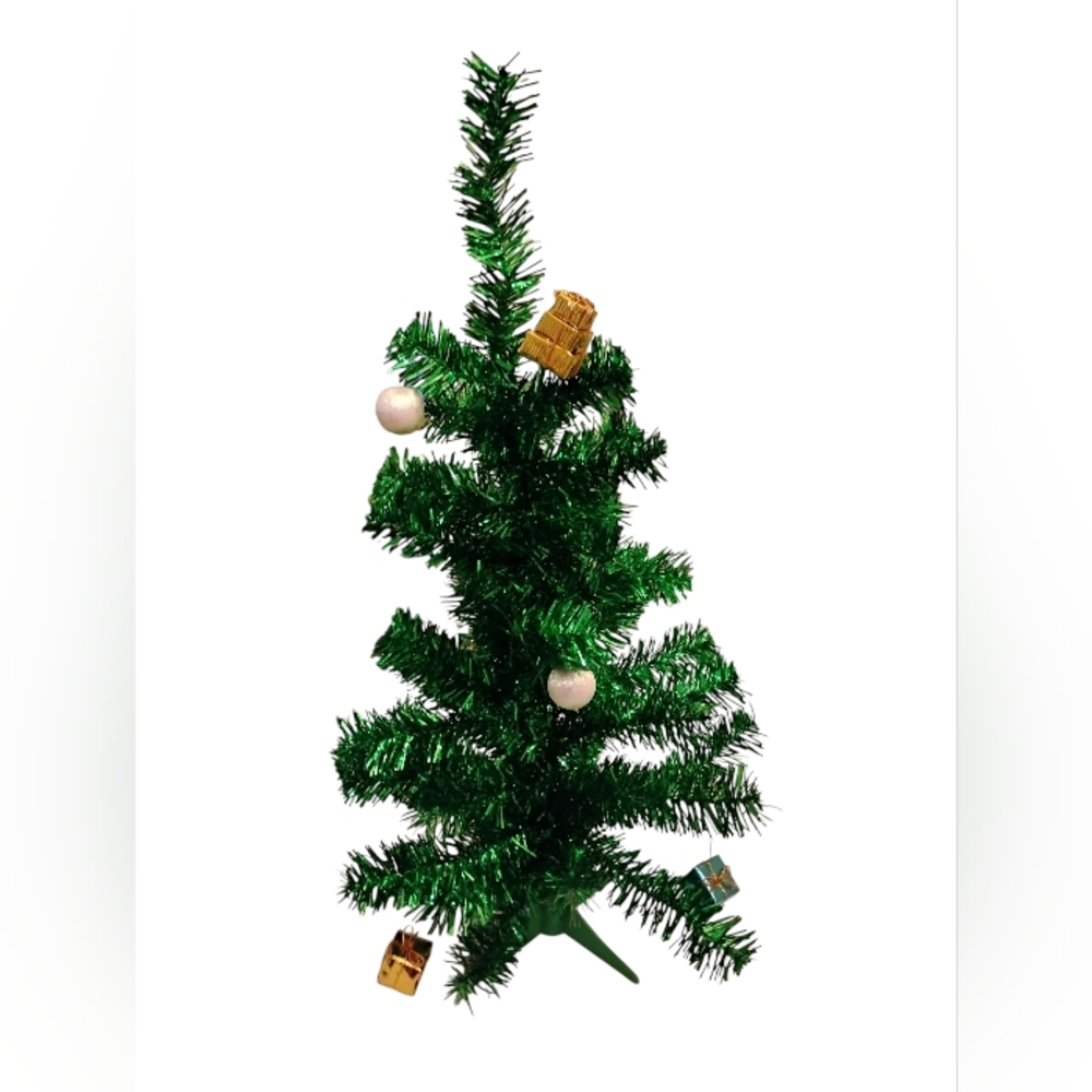 Green Foil On Wires Holiday Miniature Christmas Tree Height 23' With Mini Toys